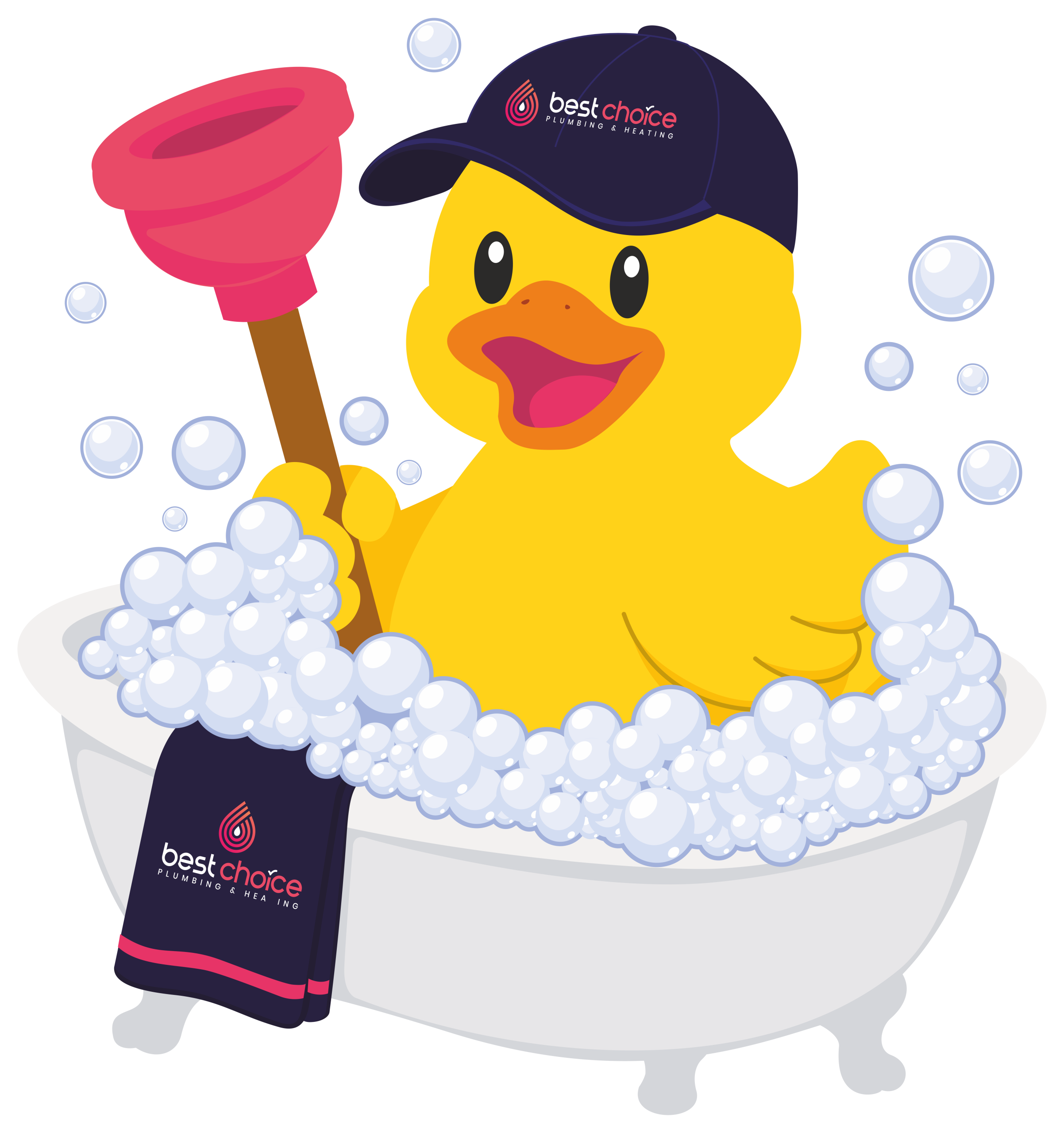 Best Choice Plumbing duck mascot enjoying a bubble bath