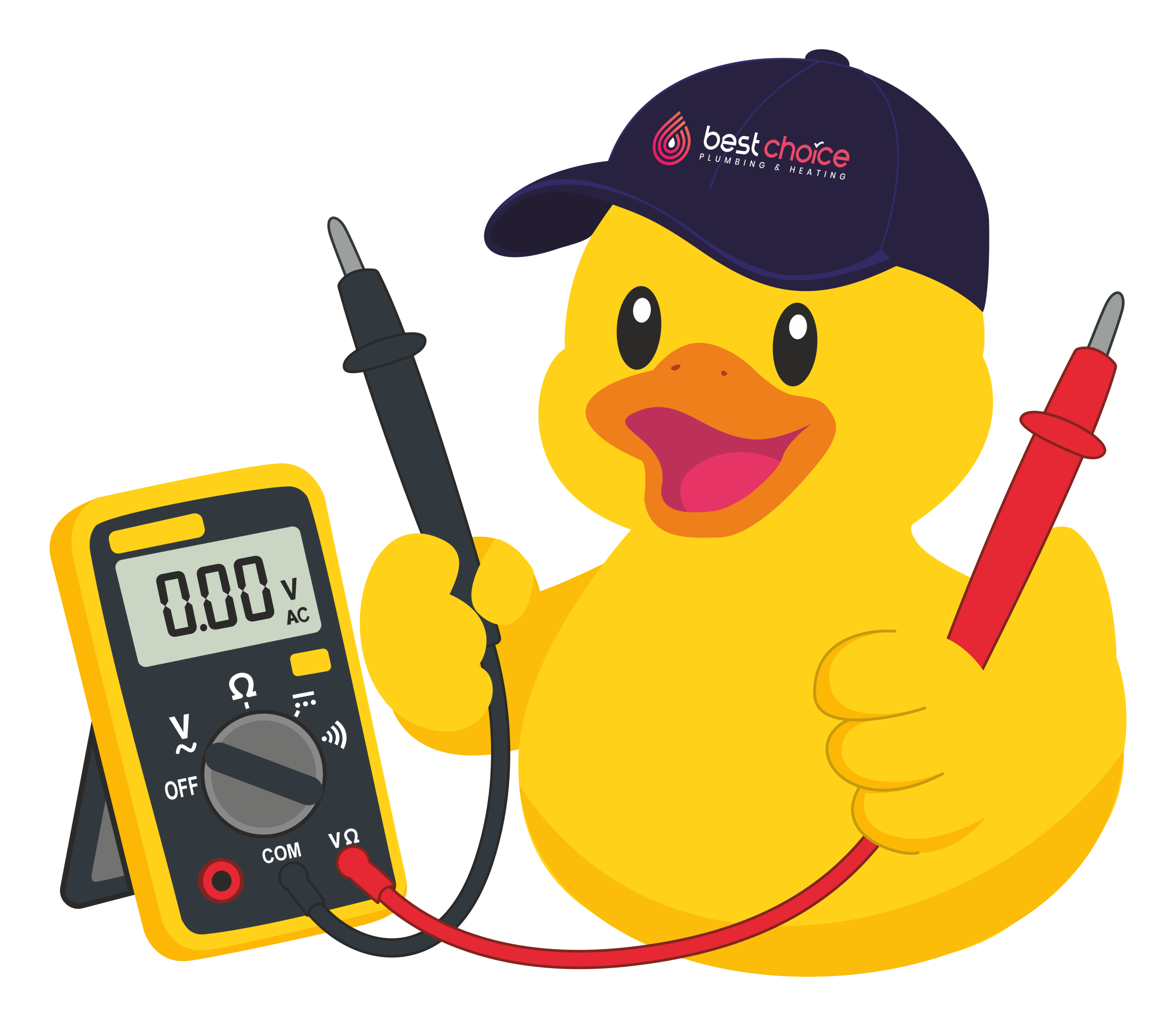 Cartoon yellow rubber duck mascot wearing a Best Choice Plumbing cap, holding digital multimeter test probes.