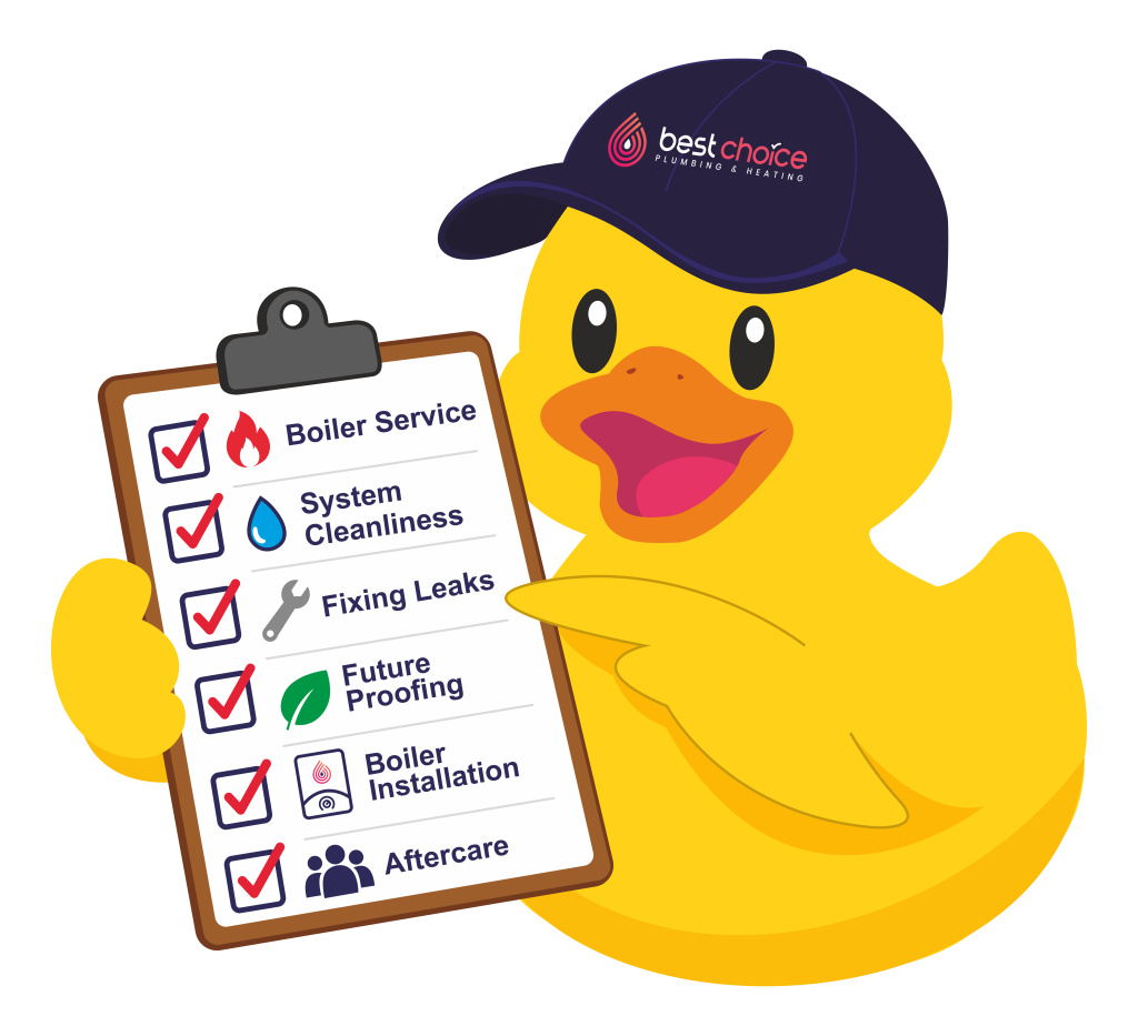 Best Choice Plumbing mascot duck holding a checklist for boiler service, leak repair, and heating installation.