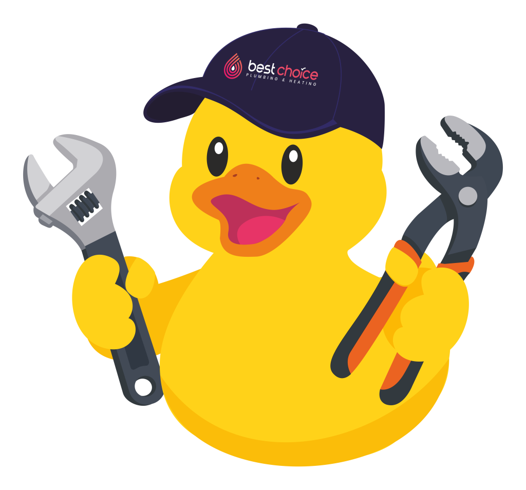 Yellow rubber duck plumber mascot wearing a Best Choice Plumbing cap and holding an adjustable wrench and pliers.